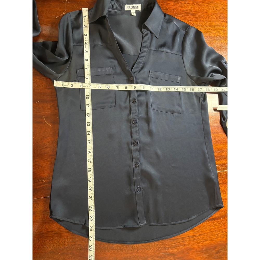 Express Womens The Portofino Shirt XS Black Roll Tab Satin Blouse‎ Dressy Career - Picture 5 of 8